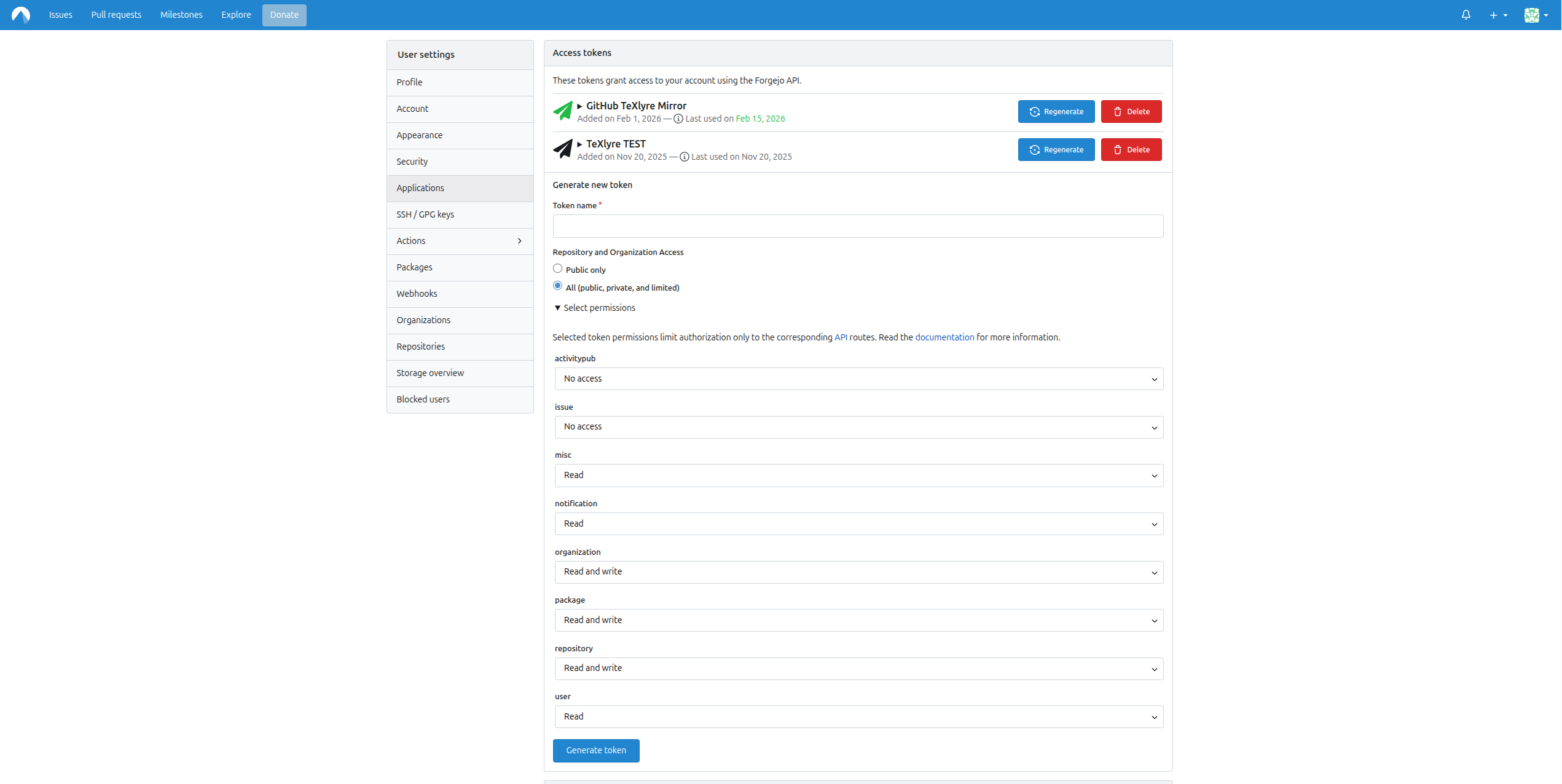 Codeberg access token creation