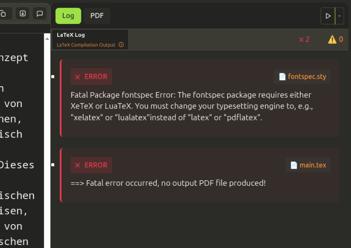 LaTeX compilation in progress with error panel and PDF output