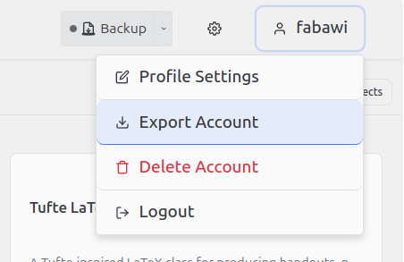 Profile dropdown menu with Export Account option highlighted