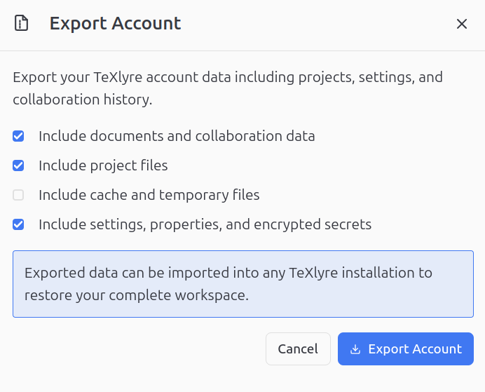 Export dialog with settings checkbox enabled