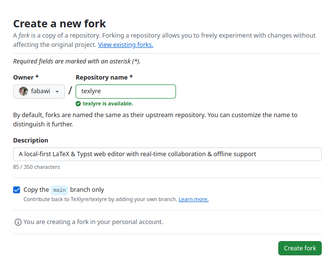 GitHub fork button on TeXlyre repository