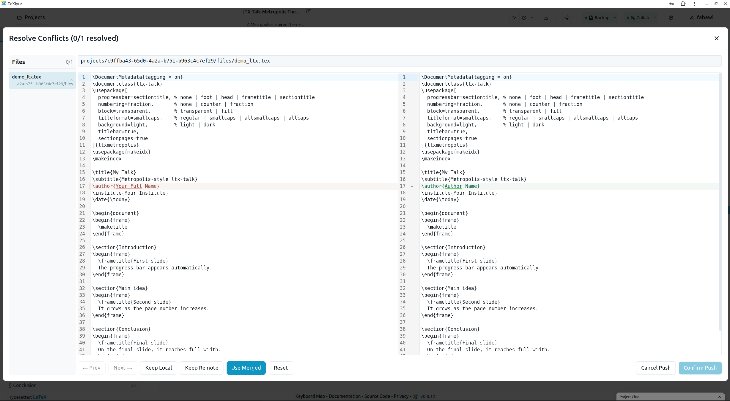 Merge conflict dialog showing local, remote, and merged changes