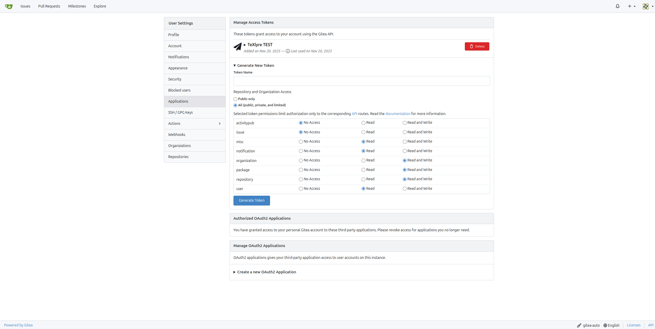 Gitea access token creation