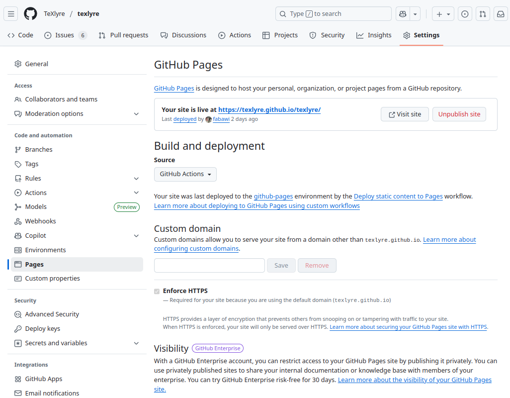 GitHub Pages settings showing source configuration