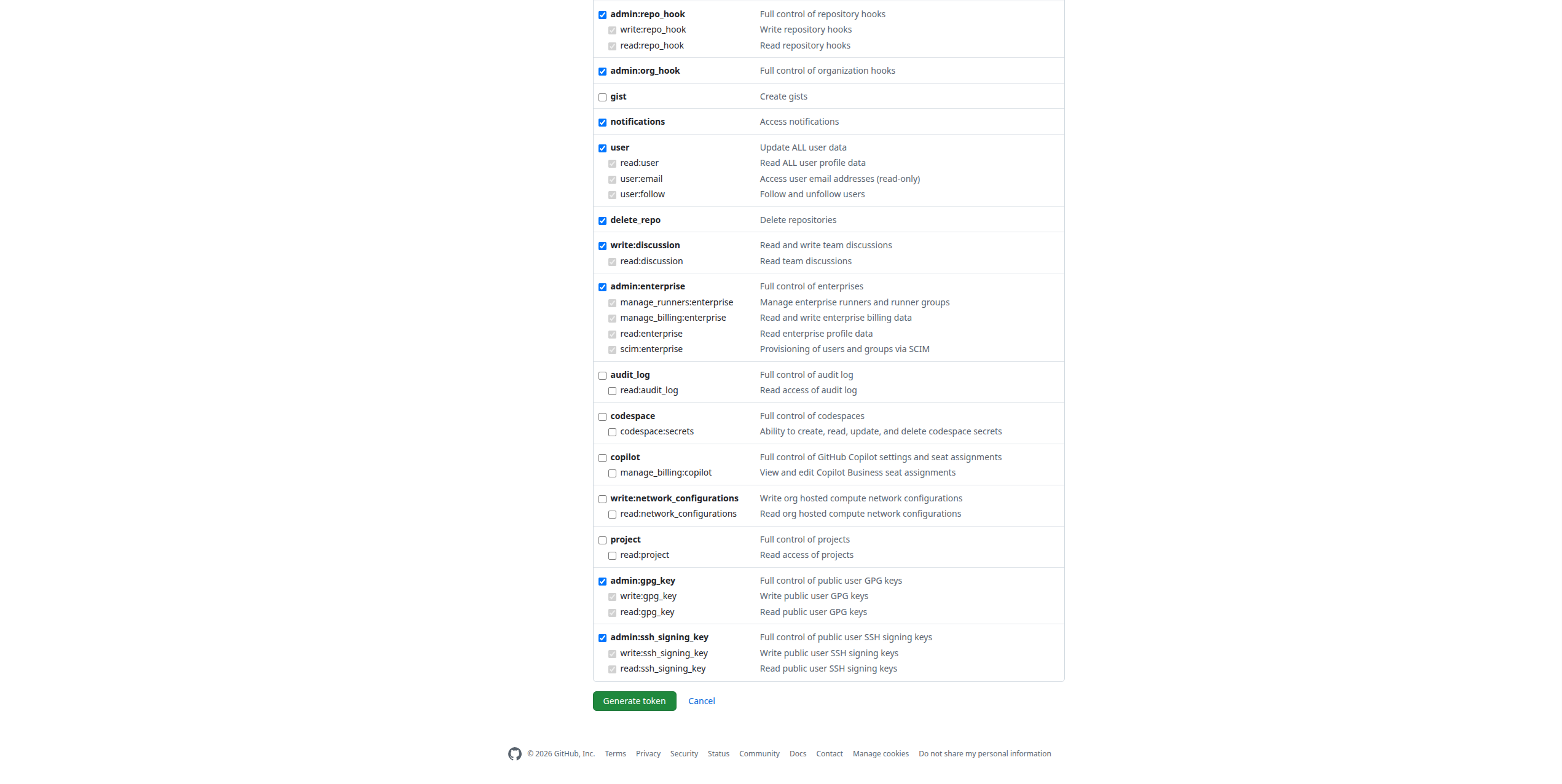 GitHub token scopes — bottom