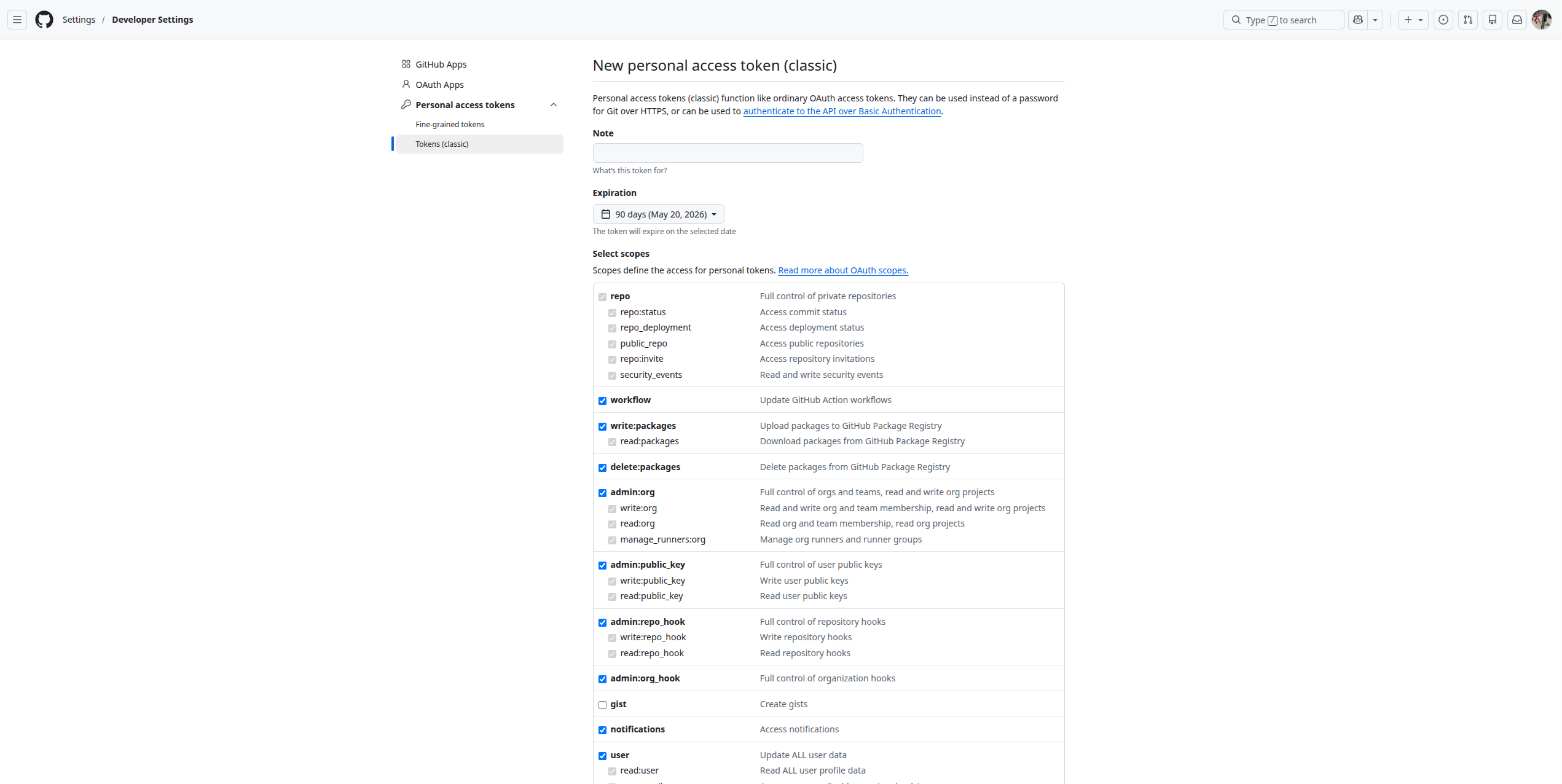 GitHub token scopes — top