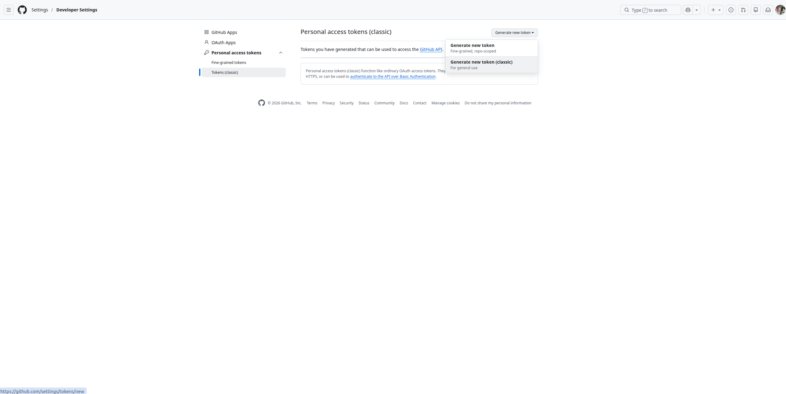 GitHub generate token dropdown