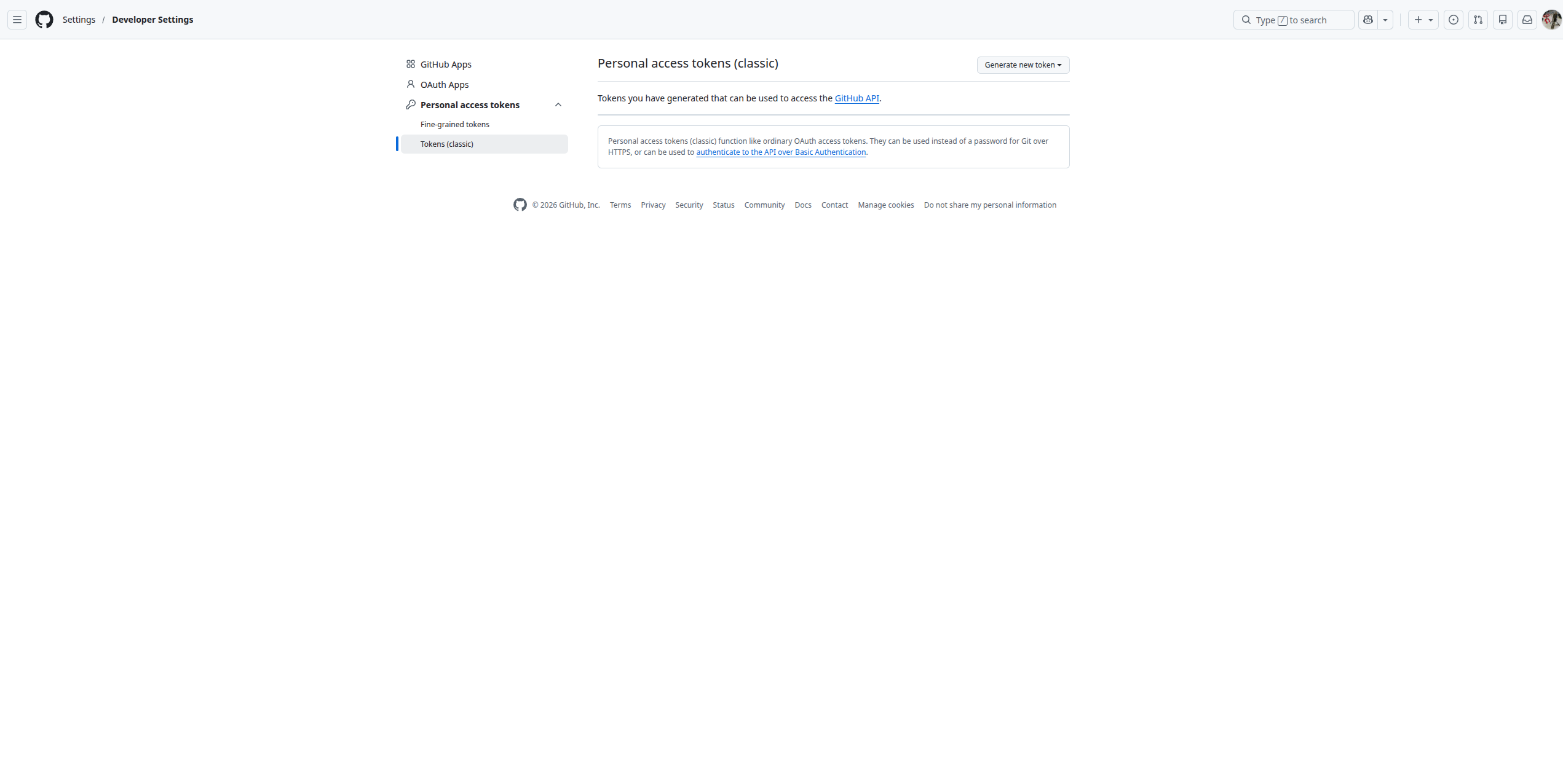 GitHub classic tokens list
