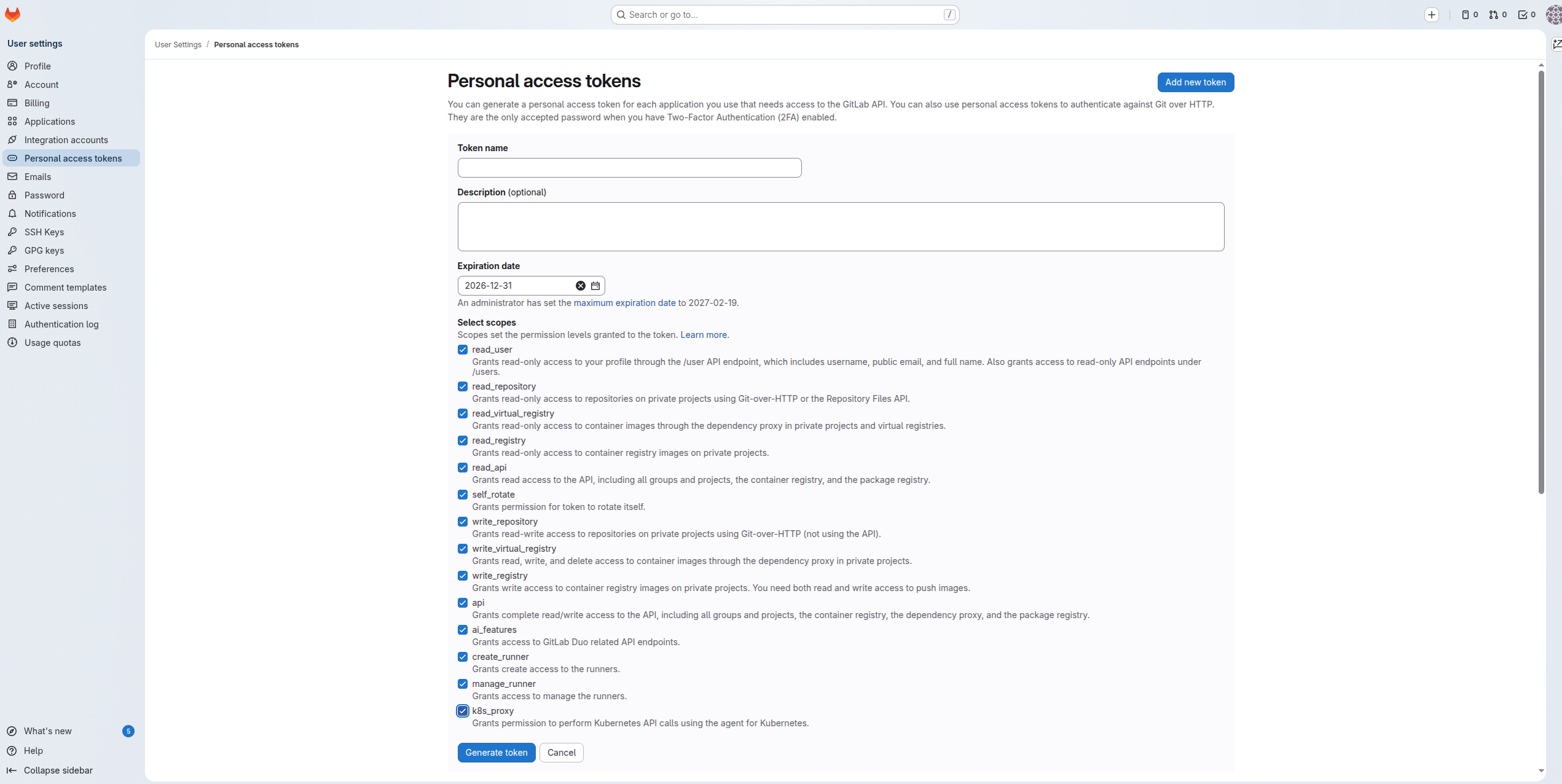 GitLab personal access token creation