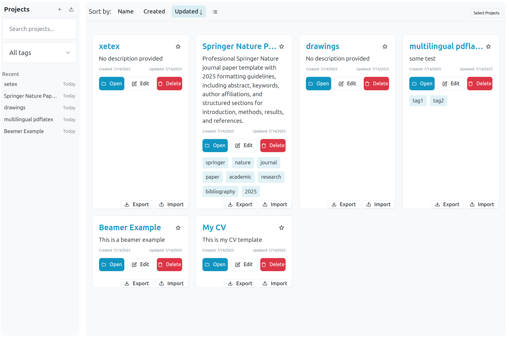 Project dashboard with file explorer and project cards