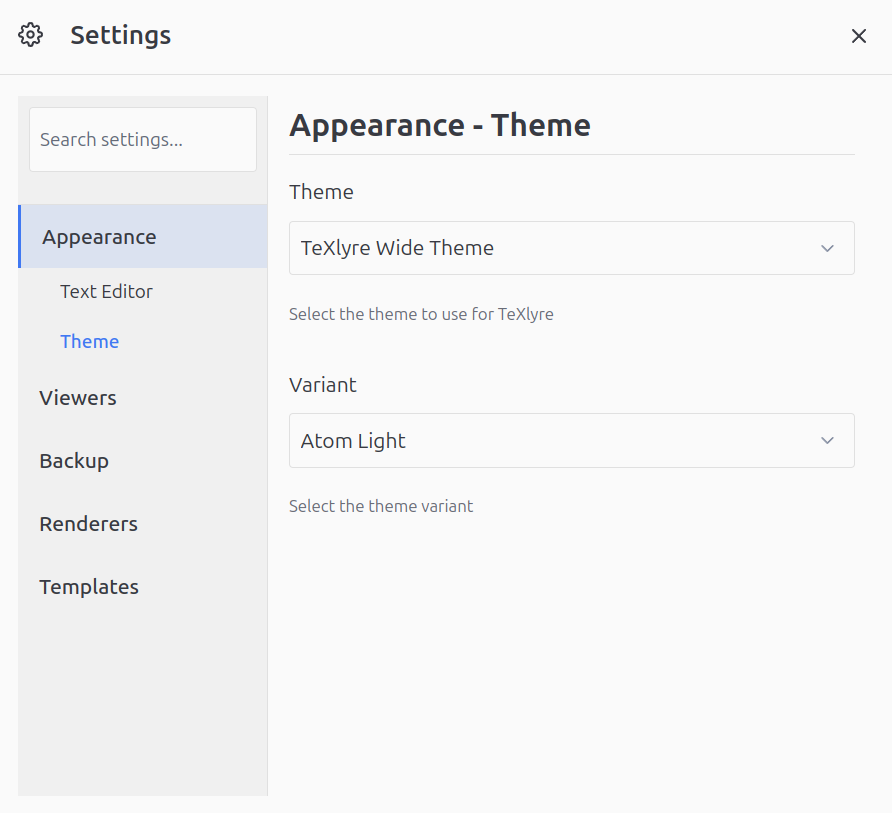 TeXlyre settings panel showing various configuration options