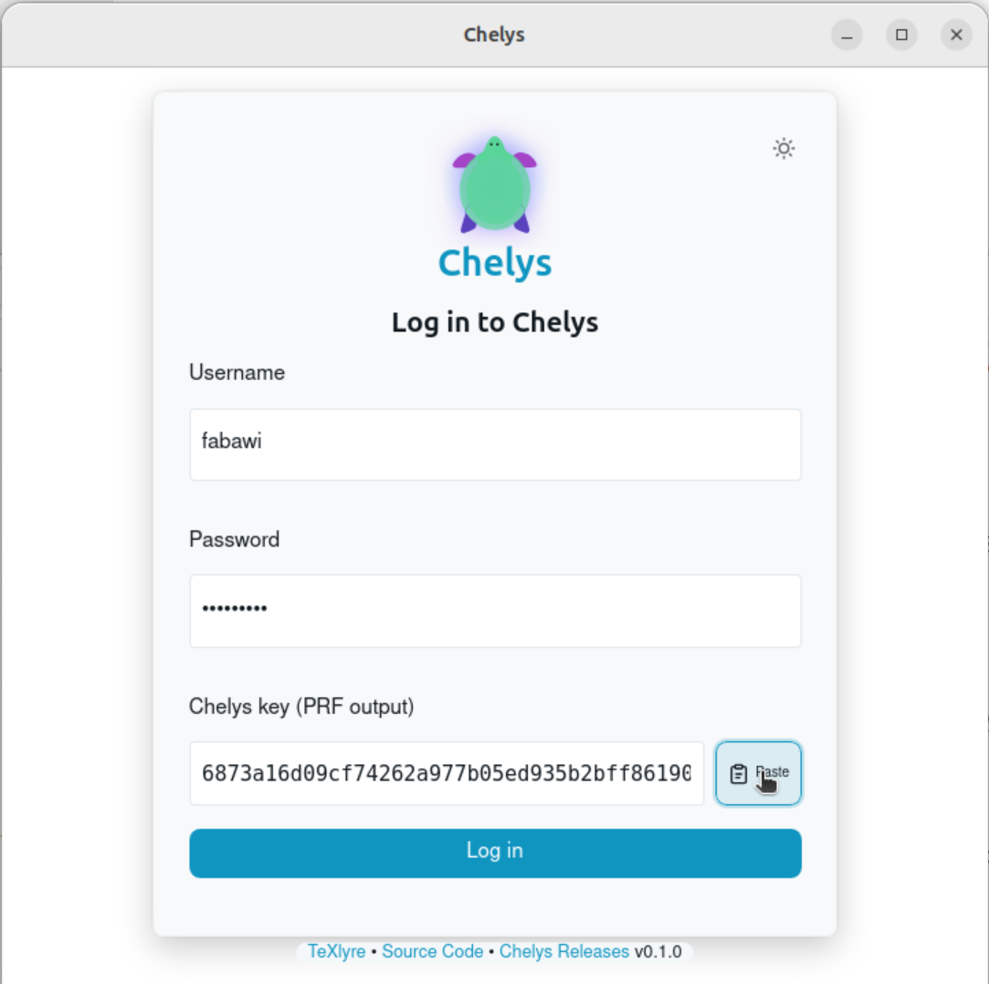 Logging in to Chelys with the TeXlyre credentials and PRF key