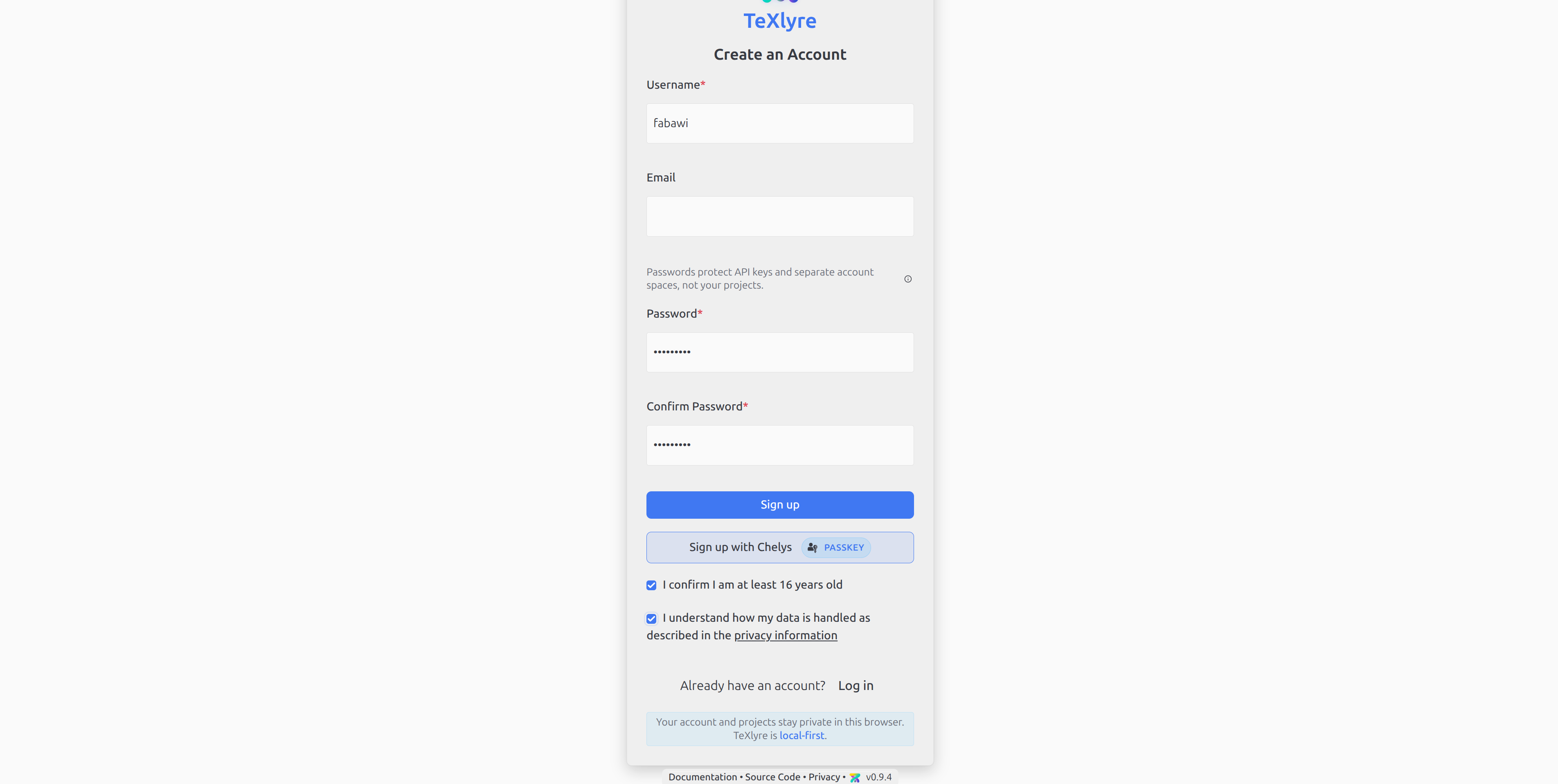 Registering a Chelys passkey in TeXlyre