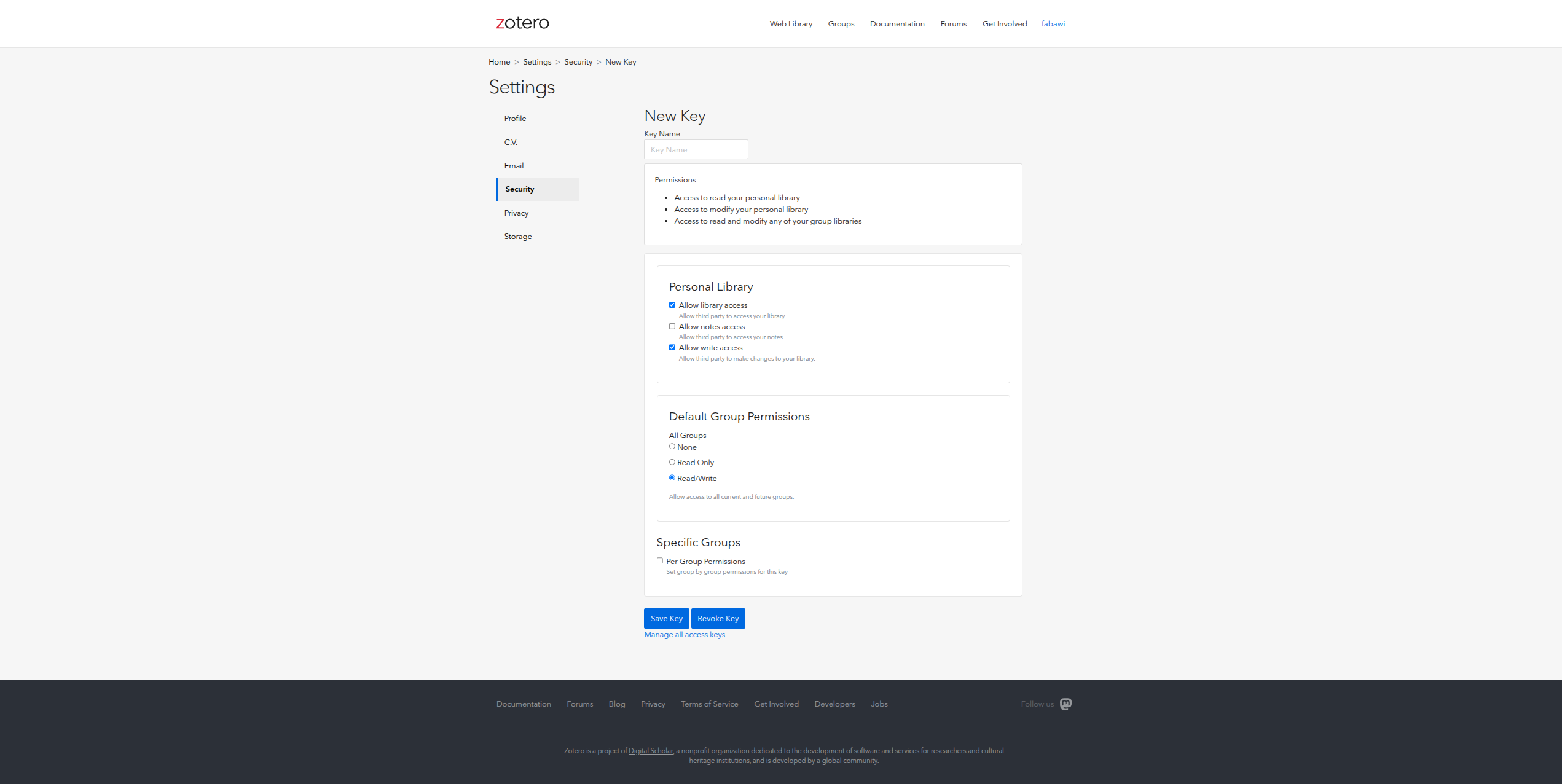 Zotero new key creation page
